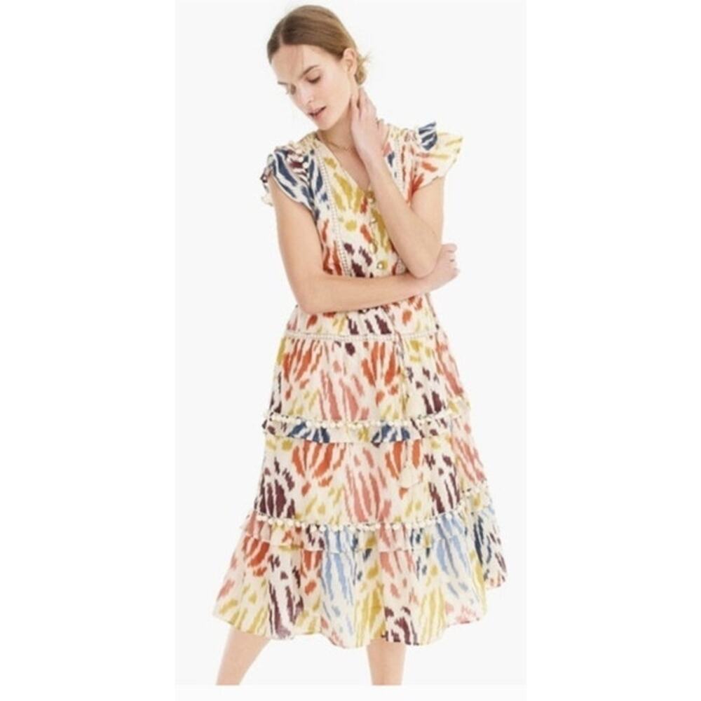 J. Crew Point Sur Pom Pom Boho Print Cotton Midi Dress Size 4